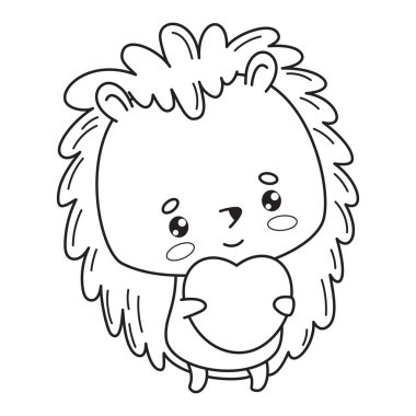 Yürekli şirin bir kirpi. Vektör çizimi. Komik ana hatlı hayvan karakteri. Çizgi çizimi, boyama kitabı