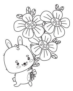 Çiçek buketi olan sevimli bir tavşan. Kawaii hayvan karakterinin komik taslağı. Vektör çizimi. Çizgi çizimi, boyama kitabı. Çocuk koleksiyonu.