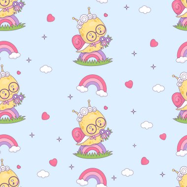 Sevimli yaşlı salyangoz büyükanne ve gökkuşağı üzerinde kusursuz romantik desen. Mavi arka planda kalbi olan komik yaşlı kadın böcekler kawaii karakterleri. Vektör çizimi. Sevgililer Günü arkaplanı