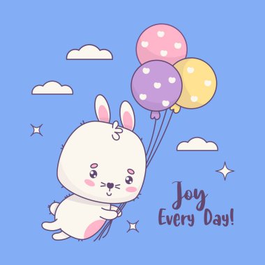 Balonlu şirin tavşancık. Komik kawaii hayvan karakteri. Vektör çizimi. Çocuk koleksiyonu. Havalı kartpostal pozitif.