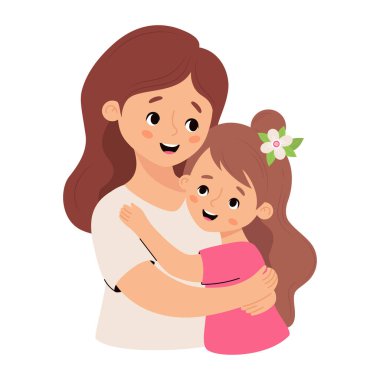 Cute mother hugs her child girl daughter. Vector illustration flat cartoon style. Happy female character. clipart