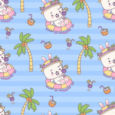 Kusursuz tropikal desen. Kokteyl içen mutlu tavşan kız mavi arka planda palmiye ağaçlarıyla kauçuk çemberde yüzüyor. Şirin kawaii hayvan karakteri. Vektör illüstrasyonu.