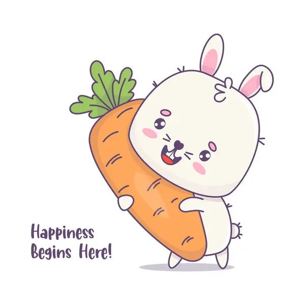 Χαριτωμένο Κουνέλι Χαμογελαστό Καρότο Αστείος Χαρούμενος Χαρακτήρας Ζώου Kawaii Εικονογράφηση — Διανυσματικό Αρχείο