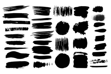 Siyah fırça darbesi, mürekkep boyası ve grunge arkaplan, suluboya, kirli doku, sıçrama. Beyaz arkaplanda izole edilmiş vektör sanatsal tasarım unsurlarını ayarla