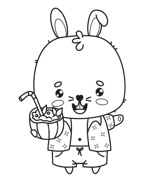 Happy Beach Rabbit Boy Cocktail Animal Outline Kawaii Character Vector — Stock Vector