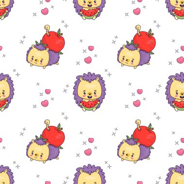 Kusursuz desenli, beyaz arka planda elma ve karpuz parçalı tatlı kirpi karakteri. Komik çizgi film kawaii hayvanlarıyla vektör çizimi. Çocuk koleksiyonu