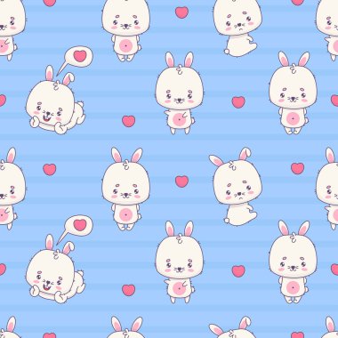 Kusursuz desenli, mavi arka planda, kalpli komik beyaz tavşancık. Şirin kawaii hayvan karakteri. Vektör çizimi. Çocuk koleksiyonu.