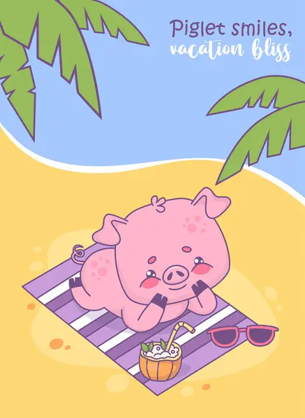 Χαρούμενο Γουρούνι Που Κάνει Ηλιοθεραπεία Στην Παραλία Κάτω Από Τροπικά — Διανυσματικό Αρχείο