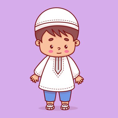 Geleneksel giysiler içinde şirin bir İslami çocuk. Mutlu çizgi film Müslüman etnik karakteri. Vektör illüstrasyonu .