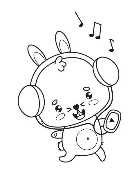 Cute Smiling Rabbit Headphones Player Listens Music Animal Outline Kawaii — Stock Vector