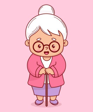 Happy grandmother. Cute elderly woman with stick. Vector illustration. Positive cartoon female character grandma lady. clipart