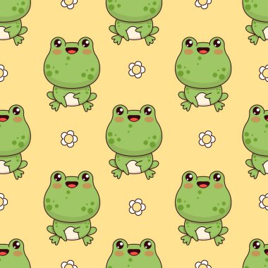 Sarı arka planda kurbağalar ve papatya çiçekleri olan kusursuz bir desen. Şirin kawaii hayvan karakteri. Vektör çizimi. Çocuk koleksiyonu