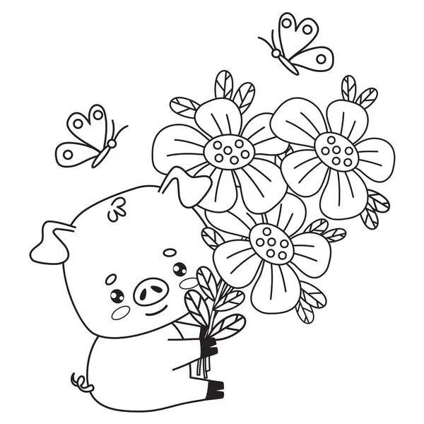 Onnellinen Pieni Sika Jolla Suuri Kukkakimppu Perhosia Vektorikuvitus Söpö Ääriviivat — vektorikuva