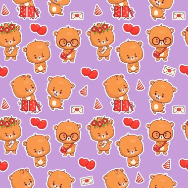 Pembe arka planda sevimli ayı yavrusu olan kusursuz bir desen. Komik kawaii hayvan karakteri. Vektör çizimi. Çocuk koleksiyonu