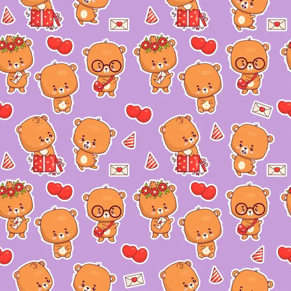 Pembe arka planda sevimli ayı yavrusu olan kusursuz bir desen. Komik kawaii hayvan karakteri. Vektör çizimi. Çocuk koleksiyonu