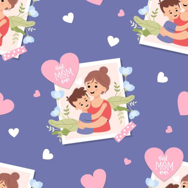 Kusursuz desenli, portresi olan mutlu bir kadın, mavi arka planda çiçekli, kalbi olan bir oğlu olan bir kadın. Çizgi film tarzında vektör illüstrasyonu. Anneler bayram itirafı.