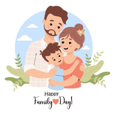 Mutlu Aile Günü kartları. Şirin sakallı adam baba esmer karısına ve oğluna sarılıyor. Vektör çizimi. Tatil karakteri ailesi.