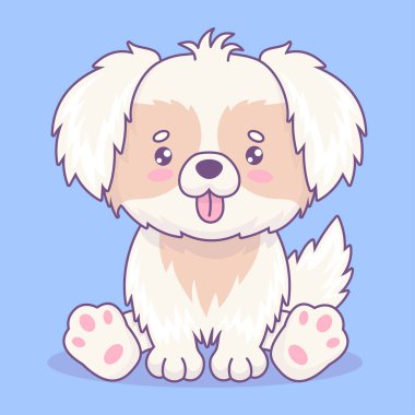 Dili dışarı sarkmış sevimli beyaz tüylü bir köpek. Komik çizgi film kawaii karakteri hayvanı. Vektör çizimi. Çocuk koleksiyonu