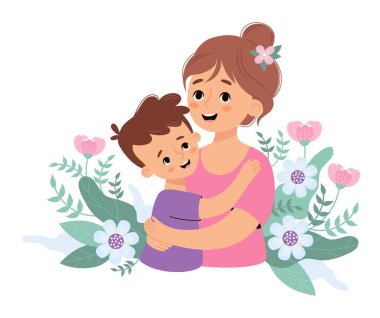 Mutlu aile anne ve oğlu. Sevimli bir kadın oğluna sarılıyor. Vektör illüstrasyon düz çizgi film tarzı. Doğum günü için bayram karakteri, kadınlar günü, anneler günü tasarımı