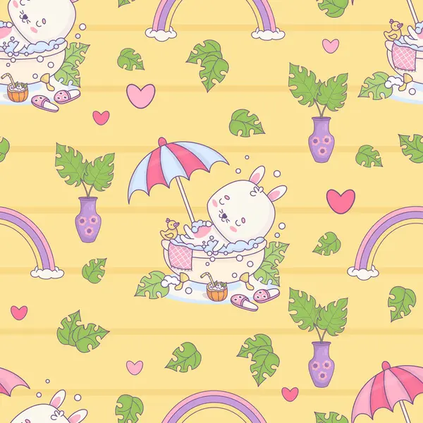 バニーとシームレスなパターンは 虹と熱帯の葉で黄色の背景に日傘の下でバブルバスに休息します かわいいおかしなハワイ動物のキャラクター ベクトルイラスト キッズコレクション — ストックベクタ