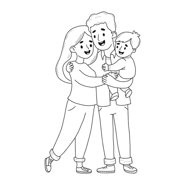 ハッピーファミリー 笑顔の男の父親は妻を抱きしめ 息子を腕に抱いている アウトライン手描き 落書きスタイルのベクトルイラスト かわいい人々 フル成長のキャラクター — ストックベクタ