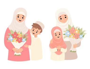 Mutlu Müslüman aile. Şirin İslami kadın anne, oğluyla kafiyeli ve kızı da buket çiçekleriyle. Vektör illüstrasyon düz çizgi film tarzı. İzole edilmiş neşeli etnik karakterler.