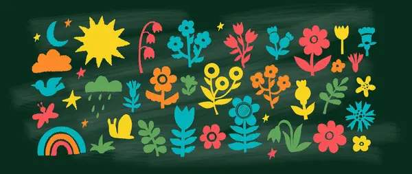 Текстура Крейдяної Природи Малюнки Рук Зеленому Фоні Крейдяної Дошки Квіти — стоковий вектор