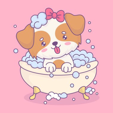 Şirin köpek kız köpük banyosunda banyo yapıyor. Komik çizgi film kawaii hayvan karakteri. Vektör çizimi. Çocuk koleksiyonu. Banyo, temizlik ve evcil hayvan. Çocuk koleksiyonu