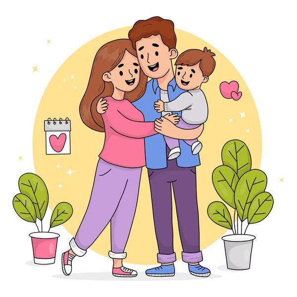 Счастливая семья. Улыбающийся отец обнимает жену и обнимает сына. Векторная иллюстрация. Симпатичные персонажи в полном росте для праздничного дизайна, открытки.