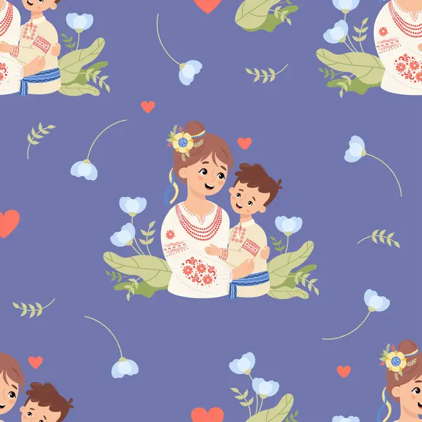 Patrón Sin Costuras Con Mujer Ucraniana Feliz Con Hijo Ropa Ilustración de stock