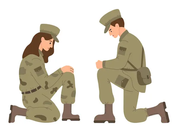 Soldados Militares Mujer Hombre Una Rodilla Ilustración Vectorial Estilo Plano Vectores de stock libres de derechos