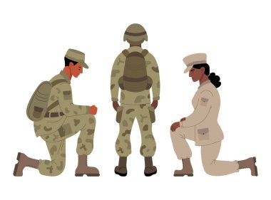 Askerler hazır. Savaşçı, sırtı dimdik ve siyah ahlaklı çift kadın ve erkek bir dizinin üstünde duruyor. Düz bir şekilde vektör illüstrasyonu. İzole edilmiş insanlar.