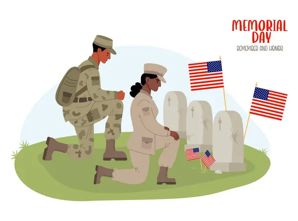 Día Los Caídos Militar Soldado Étnico Negro Hombre Mujer Pie Vector de stock