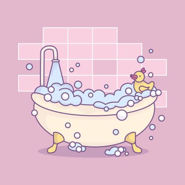 Köpüklü köpüklü baloncuklarla, plastik ördekle taşan klasik çizgi film küveti. Sıcak banyo. Vektör çizimi. Şirin kawaii tarzı.