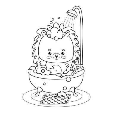 Şirin bir çizgi film kirpisi duşta köpük ve plastik ördekle banyo yapar. Ana hatlarıyla komik kawaii hayvan karakteri. Çizgi çizimi, boyama kitabı. Vektör çizimi. Çocuk koleksiyonu