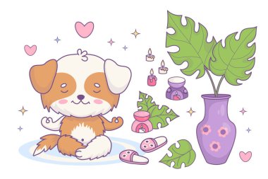 Tatlı çizgi film köpek meditasyonu, mumlu aroma lambası, terlik ve tropik yapraklı vazo. Komik kawaii karakteri hayvanı. Vektör çizimi. İzole elementler gevşeme ve hobiler