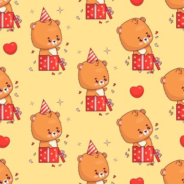 Sarı arka planda hediye kutusunda sevimli ayı yavrusuyla kusursuz desen. Komik doğum günü kawaii hayvan karakteri. Vektör çizimi. Çocuk koleksiyonu