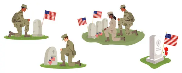 Gedenktag Festgelegt Soldaten Und Soldatinnen Stehen Kniend Vor Gräbern Mit Stockillustration