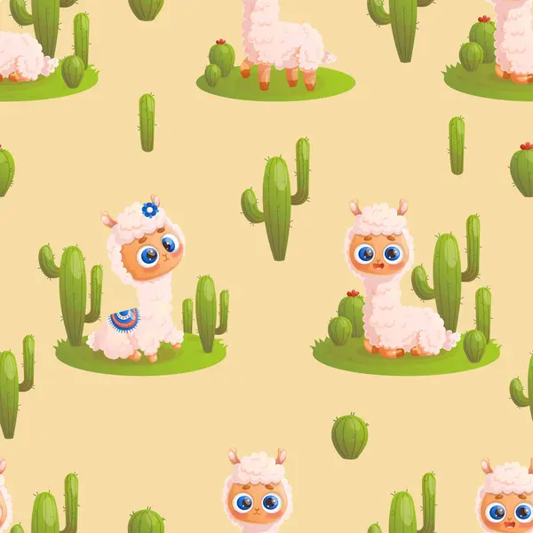 Seamless Pattern Cute Llama Alpaca Background Cactus Vector Illustration Design lizenzfreie Stockvektoren