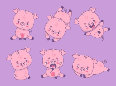 Sevimli komik domuz koleksiyonu. Duygusal bir domuz. Gülümseme, üzüntü, gülümseme, mutlu ve mutsuz bir ağlama. İzole edilmiş çizgi film kawaii hayvan karakteri. Vektör illüstrasyonu
