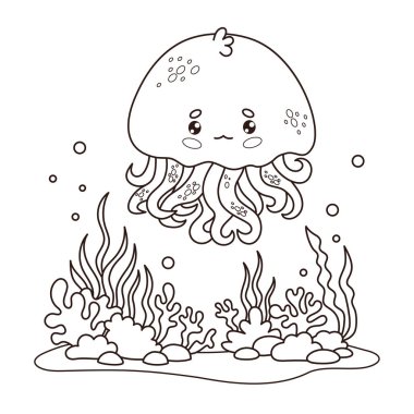 Yosun ve mercanlarla sualtı manzarası olan şirin denizanaları. Çizgi film kawaii hayvan karakteri. Çizgi çizimi, boyama kitabı. Vektör çizimi. Çocuk koleksiyonu