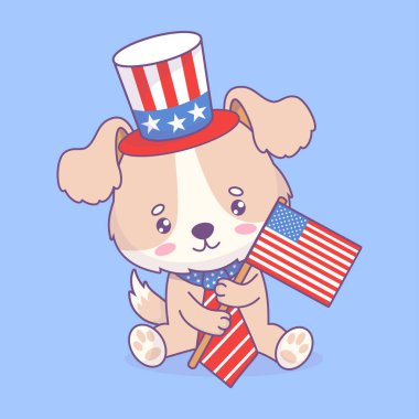 Amerikan şenlik hayvanı. Şapkalı komik köpek ve bayrak renginde kravat. Sevimli çizgi film vatansever hayvan karakteri. Amerikan Bağımsızlık Günü 'nün 4 Temmuz' u. Vektör illüstrasyonu