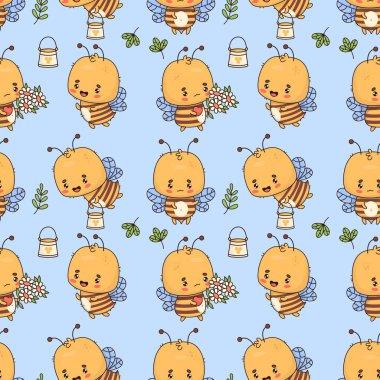 Çiçekli şirin arılar ve mavi arka planda bal olan kusursuz desenler. Vektör çizimi. Çizgi film böceği Kawaii karakteri. Çocuk koleksiyonu.