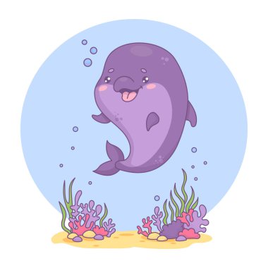 Sevimli mutlu yunus. Deniz yosunu ve komik çizgi film karakterli kawaii hayvanlı sualtı dünyası. Vektör çizimi. Çocuk koleksiyonu