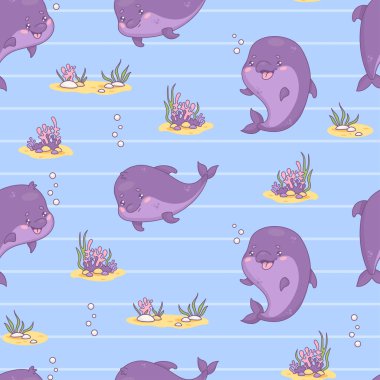 Mavi çizgili arka planda şirin yunuslar olan kusursuz bir desen. Vektör çizimi. Çizgi film böceği Kawaii karakteri. Çocuk koleksiyonu