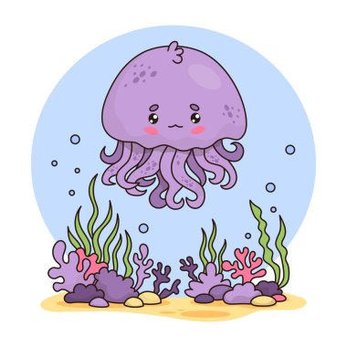 Şirin denizanası. Komik çizgi film hayvanı Kawaii karakteri. Vektör çizimi. Yosun ve mercanlarla dolu sualtı manzarası. Çocuk koleksiyonu.