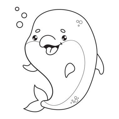Güzel yunus tasviri. Mutlu çizgi film kawaii hayvanları. Çizgi çizimi, boyama kitabı. Vektör çizimi. Su altı dünyası. Çocuk koleksiyonu