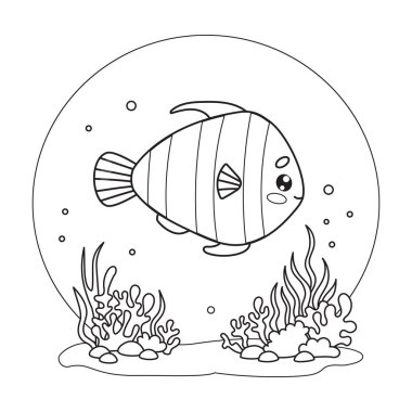 Yosun, mercan ve kumlu tabanlı ana hatlı balıklar. Çizgi film kawaii hayvanlı su altı dünyası. Çizgi çizimi, boyama kitabı. Vektör çizimi. Çocuk koleksiyonu