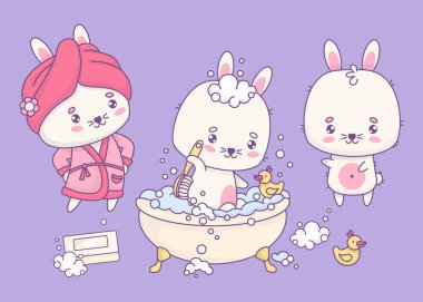 Sevimli tavşan koleksiyonu. Pembe bornoz ve havlu içinde komik beyaz tavşanlar, plastik ördekle köpük banyosu yapıyorlar. Karikatür hayvanları, kawaii karakterleri. Vektör illüstrasyonu