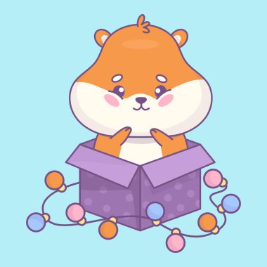 Çiçekli hediye kutusunda şirin bir hamster. Tatil çizgi filmi Kawaii karakteri hayvanı. Vektör çizimi. Çocuk koleksiyonu